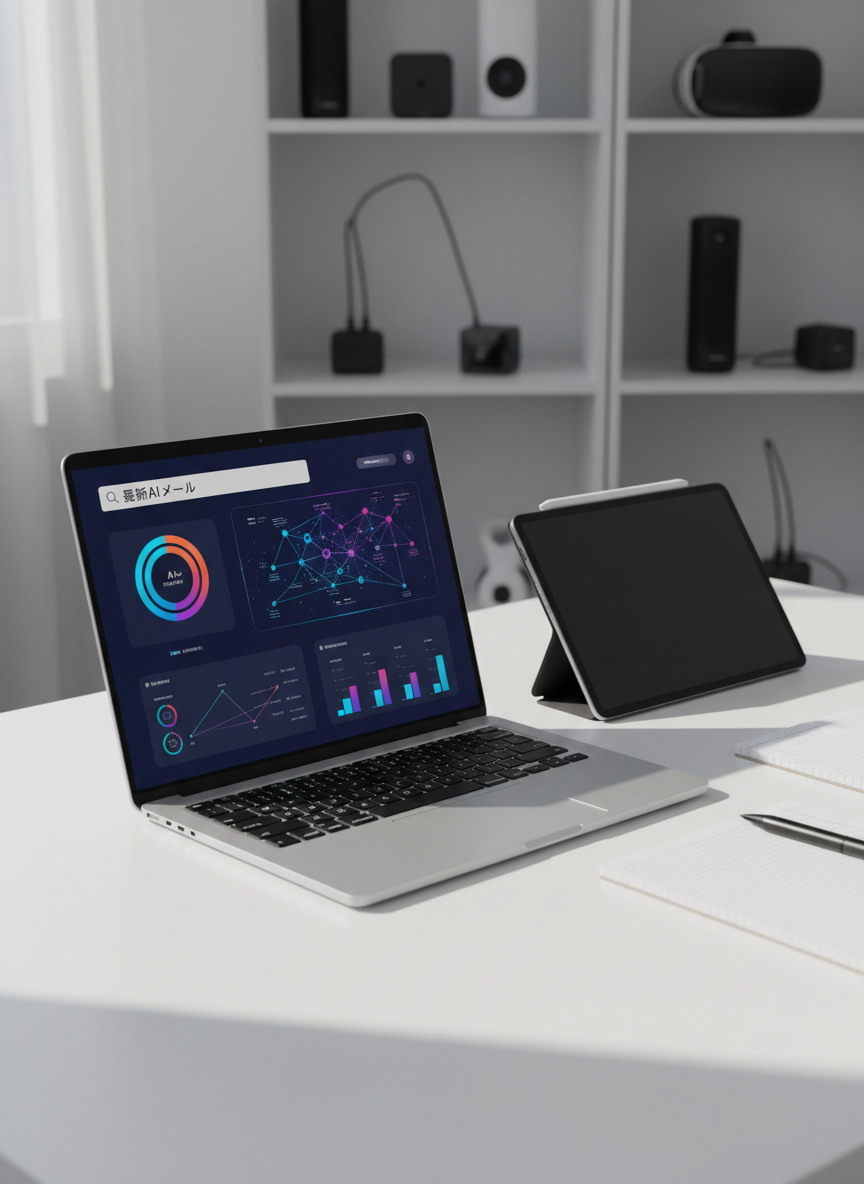 A sleek, ultra-thin silver laptop open on a clean white desk, its screen displaying a vibrant AI dashboard filled with colorful charts, neural network diagrams, and a search bar labeled “最新AIツール”. Beside it sits a dark graphite tablet with a stylus resting diagonally across the glass surface, and a minimalist notebook with precise grid lines. The scene is set in a bright, contemporary workspace with blurred shelves of tech gadgets in the background. Soft morning daylight from an unseen window creates gentle reflections on metal edges and the glossy screen, casting crisp yet subtle shadows. Photographic realism, eye-level angle, rule-of-thirds composition, and a calm, professional mood emphasize clarity, innovation, and practical AI utilization.