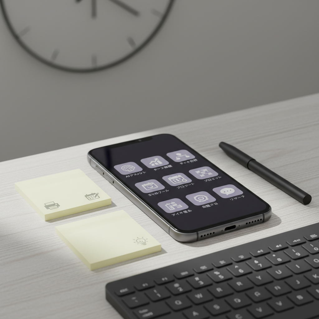 A high-resolution close-up of a dark metallic smartphone lying on a pale wooden desk, its screen showing an organized grid of AI productivity apps with crisp Japanese labels. Surrounding the phone are neatly arranged sticky notes with tidy printed icons of tasks, a smooth black pen, and a compact wireless keyboard with low-profile keys. The background softly blurs into a neutral gray wall with a single, minimalistic clock shape. Cool, diffused daylight from the left highlights the phone’s glass surface and aluminum frame, creating subtle reflections. Photographic, clean, and modern, shot from a slightly elevated angle with shallow depth of field, conveying an efficient, focused, and professional atmosphere suited to explaining how to use the latest AI tools.
