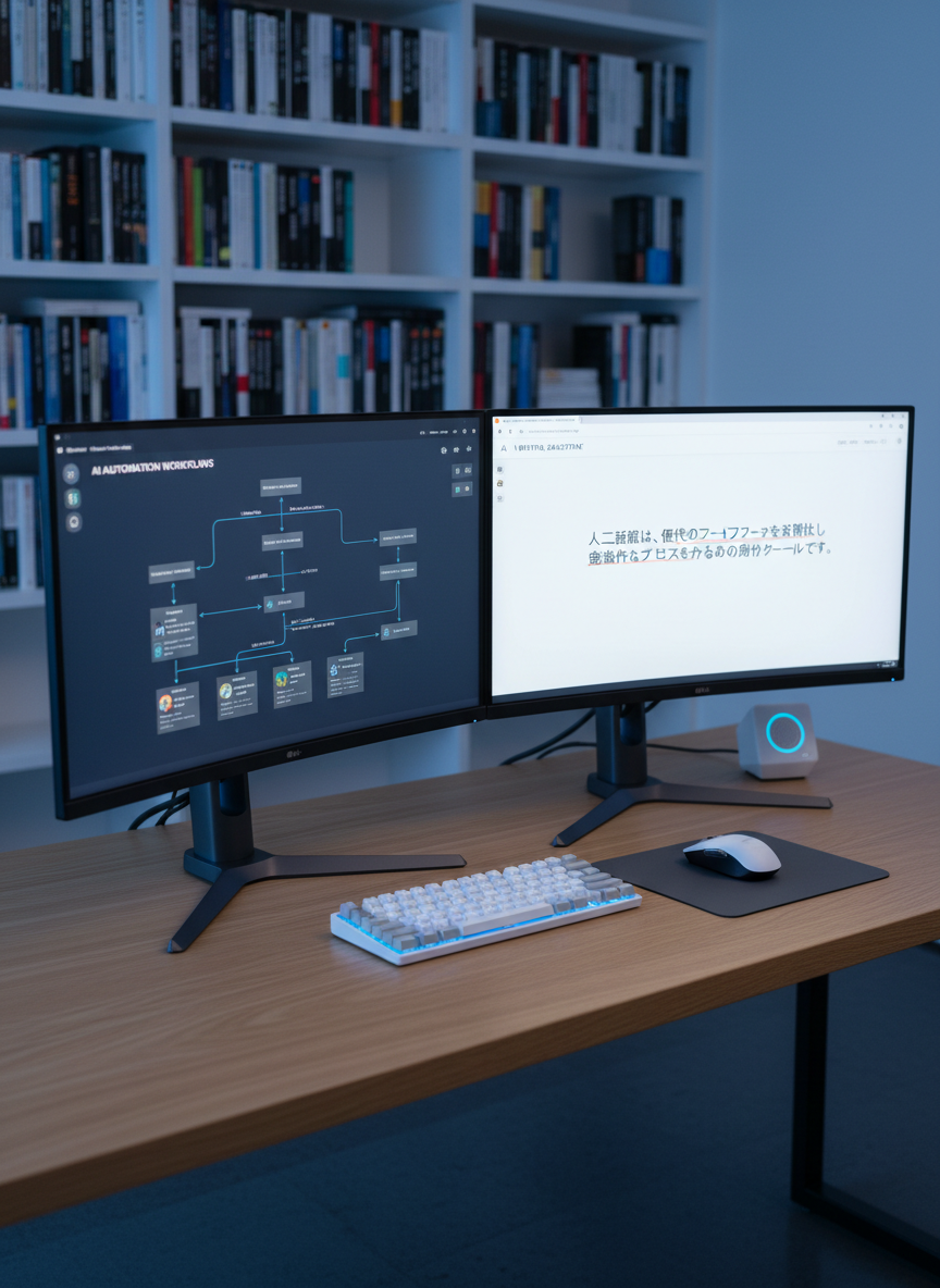 A spacious dual-monitor workstation on a light oak desk, both ultra-wide screens displaying different AI dashboards: one with a flowchart for automating workflows, the other with a clean interface of an AI writing assistant highlighting Japanese text. A compact mechanical keyboard with white keycaps and soft backlighting sits in front, paired with a low-profile mouse on a charcoal mousepad. A small, angular smart speaker rests near the monitors, its LED ring softly glowing. The environment is a tidy, modern office with blurred shelves of neatly aligned tech books. Neutral, even studio-style lighting with a hint of cool blue accent from the monitors sets a focused, analytical mood. Photographic realism, slightly wide lens, centered composition, sharp detail throughout, emphasizing systematic AI utilization.